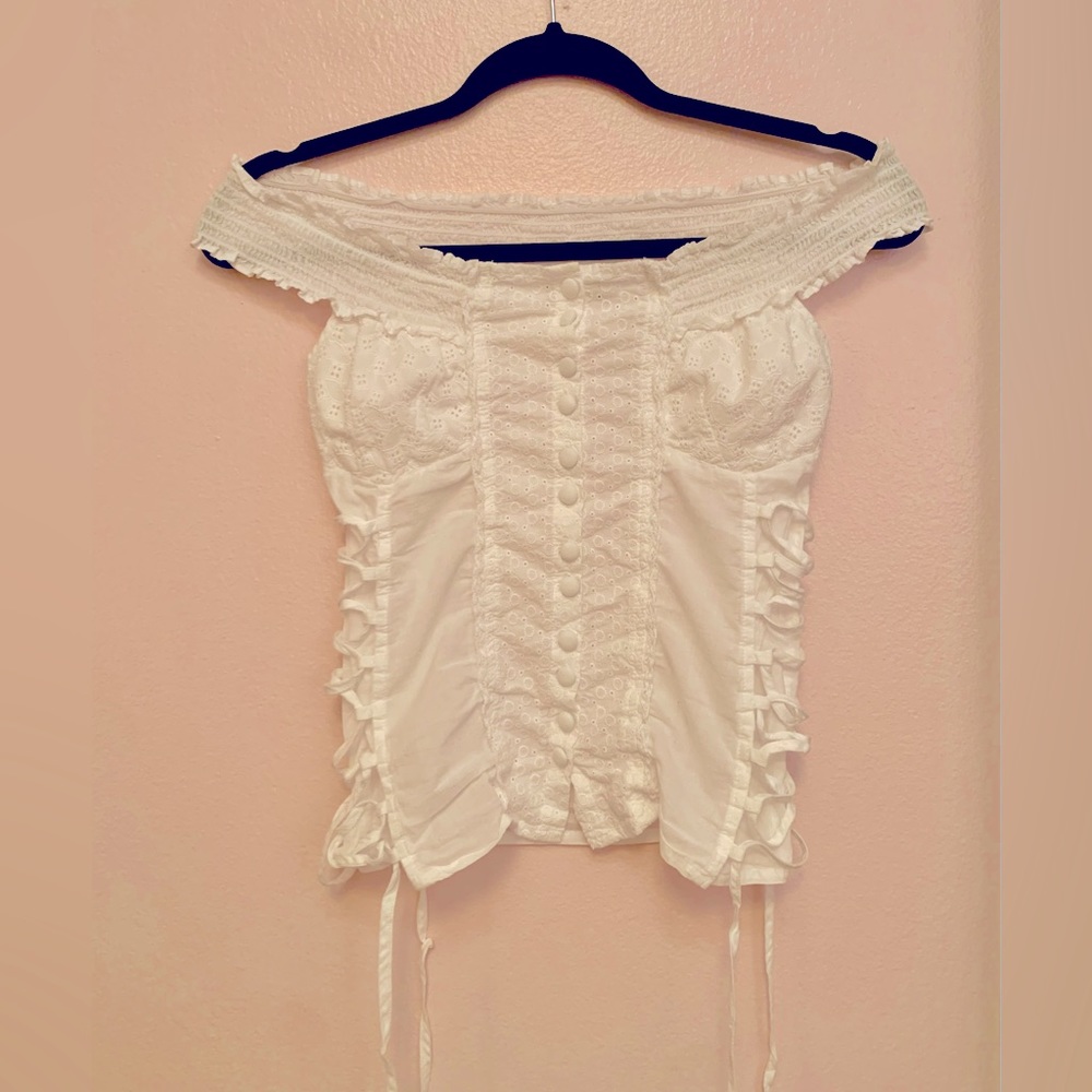 VINTAGE GUESS Women’s Cotton Lace Shoulderless Top w/ Side Ties